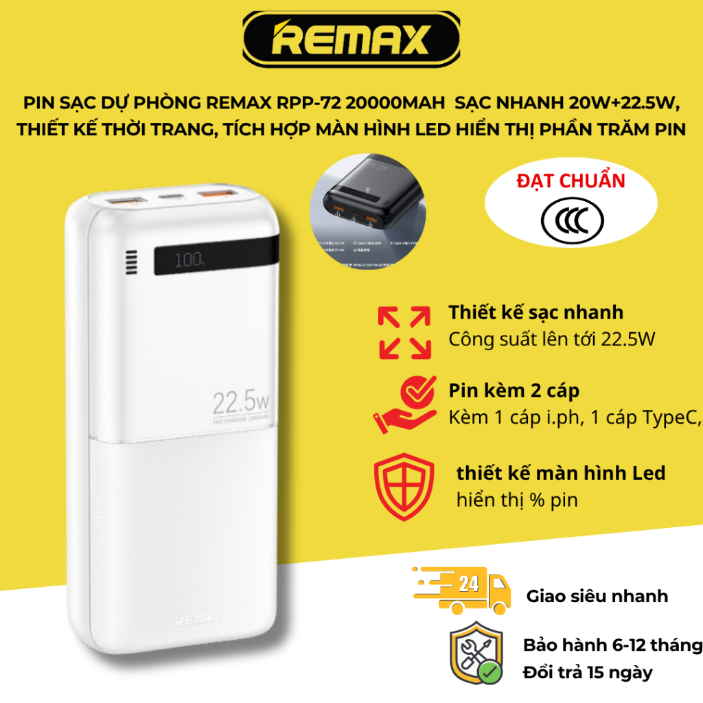 Pin sạc dự phòng Remax RPP-72 20000mAh sạc nhanh 20W+22.5W với thiết kế ...
