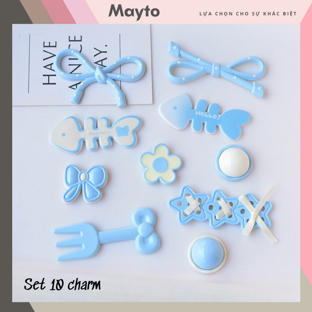 Bộ 10 Sticker, Charm 3D chủ đề Xương cá xanh nhựa cứng gắn Dép Cross ...