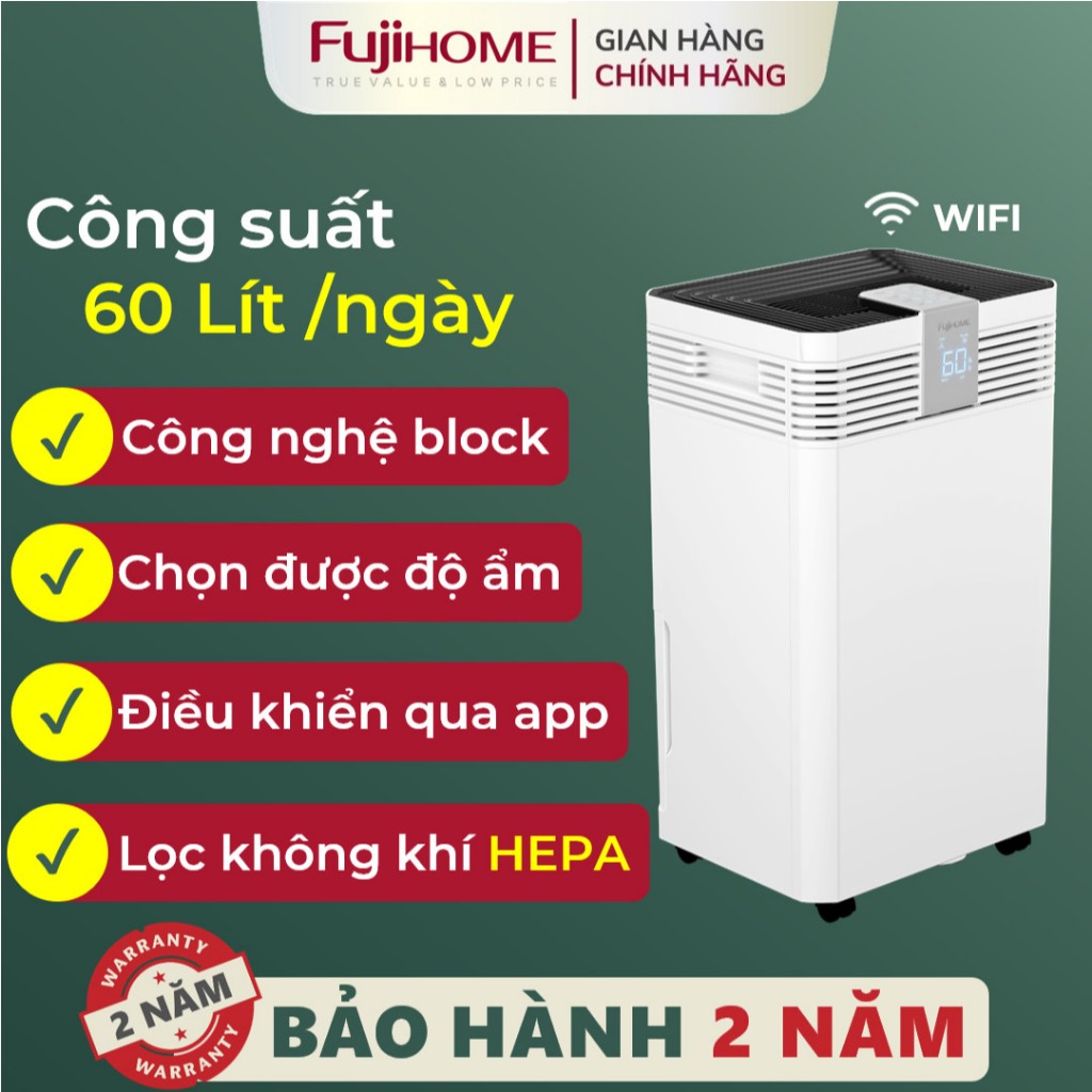 Máy hút ẩm đa năng FUJIHOME DH60W-HEPA Nhập Khẩu, Hút ẩm màng lọc HEPA kết nối app vận hành êm cho không gian lớn