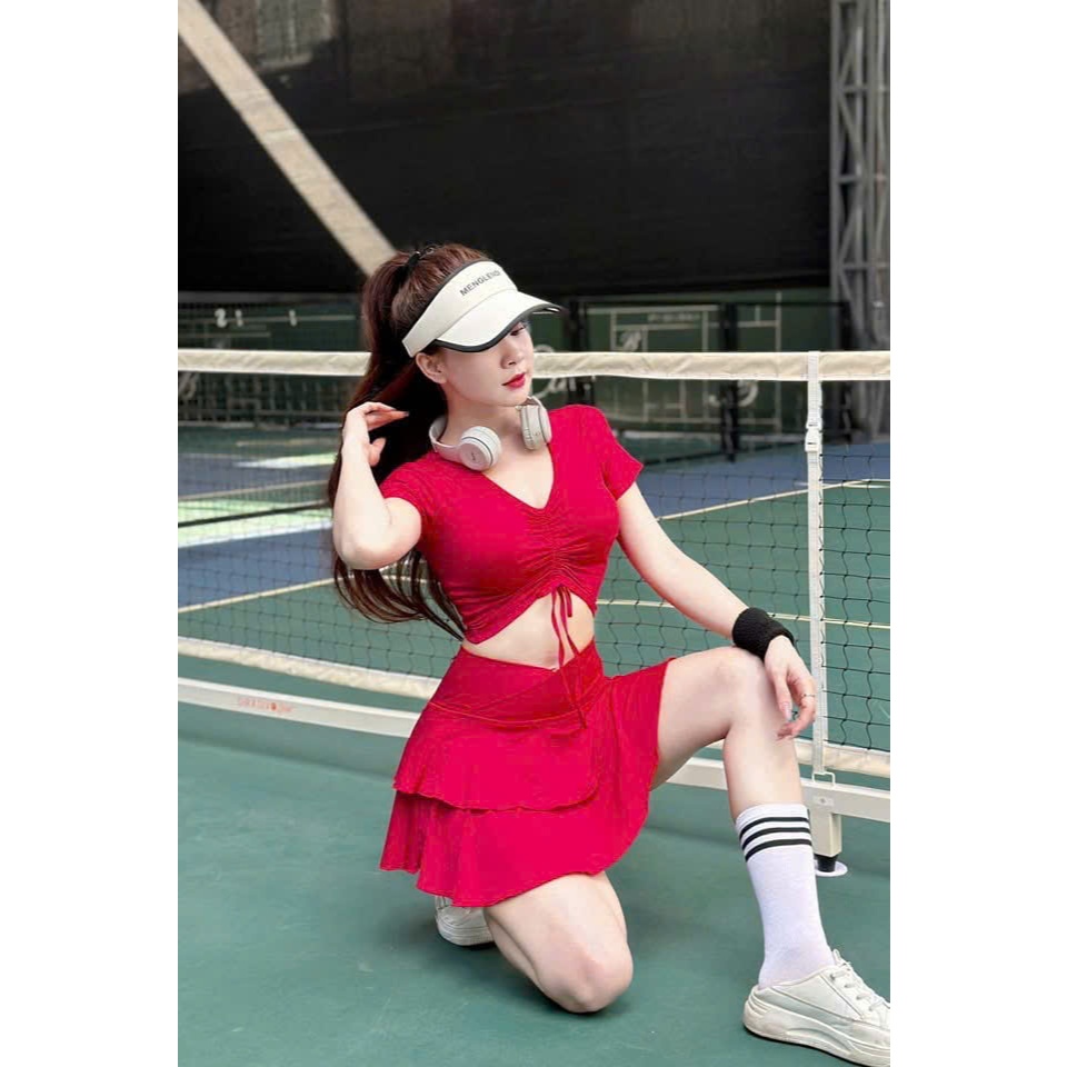 Bộ tập thể thao,chân váy xòe mix áo bra rút ngực, tặng mút,gym, yoga, aerobic, pickleball, tennis
