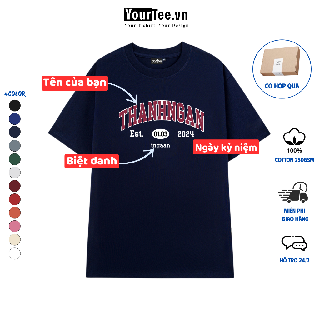 [ÁO THUN UNISEX IN TÊN] Áo T-Shirt Oversize In Tên Chất Liệu Cotton 100% 250gsm Thoáng Mát+CÓ HỘP