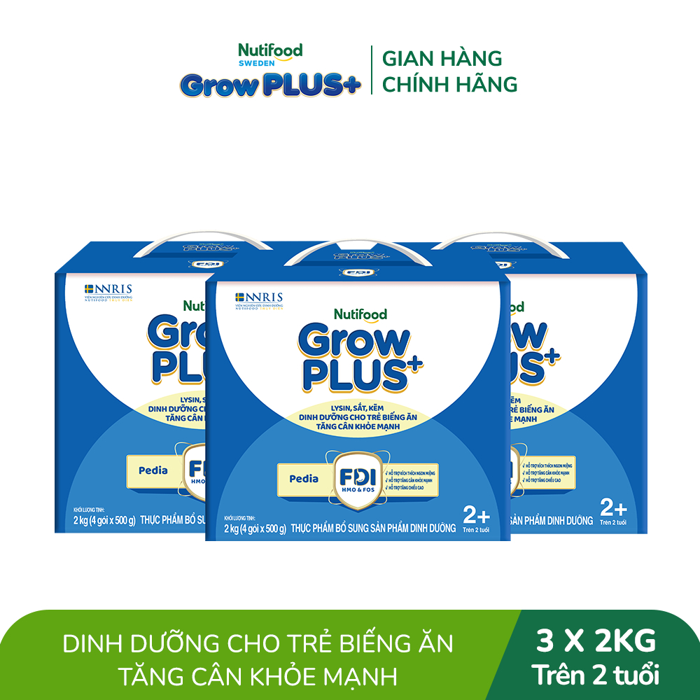 Combo 3 Sữa Bột Nutifood GrowPLUS+ Biếng Ăn (Xanh) 2+ - Tăng Cân Khỏe Mạnh (3 Hộp 2 Kg)