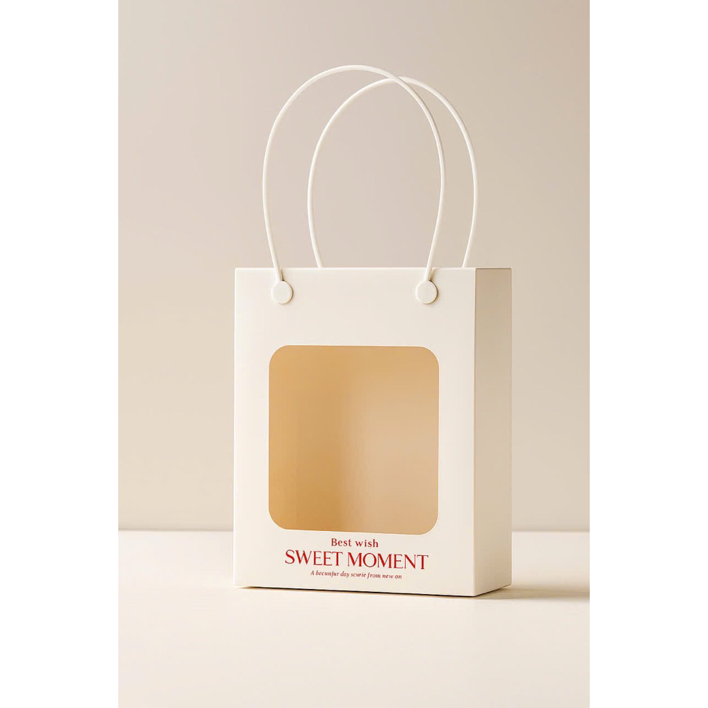 Túi Giấy ( 18x14x8cm) Màu Trắng Mặt Kính Mica Quai Nhựa Đựng Quà Tặng, Gấu, Hoa Thiết Kế Xinh Xắn