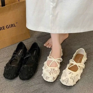 Giày bệt nữ ren nổi hoa hồng đính nơ (Nơ Quai)