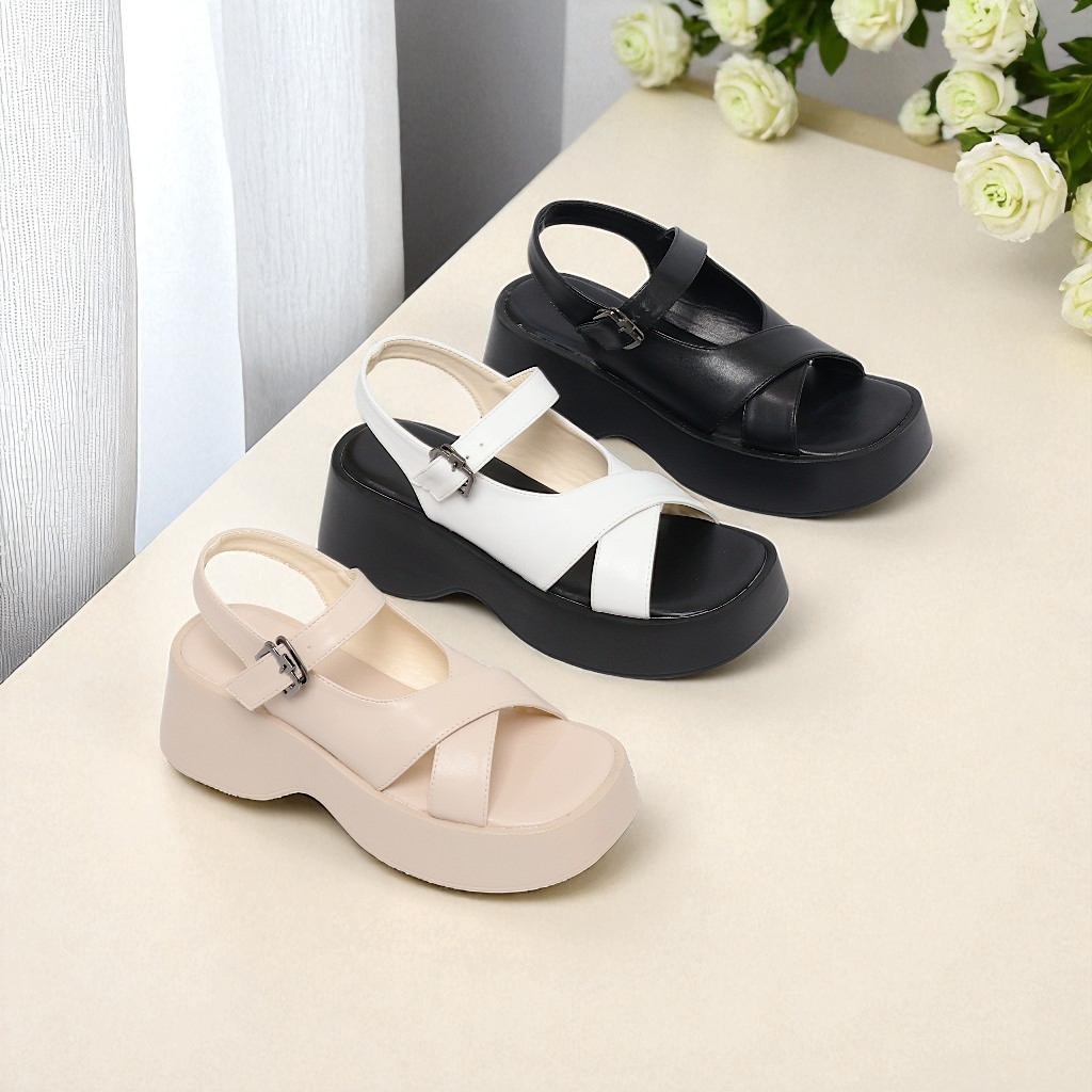 Giày Sandal Đế xuồng Da PU Cao 6cm Hở Mũi Pixie H363