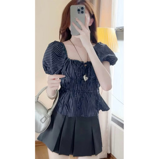 Áo Babydoll Kiểu Xinh Tay Phồng,Bo Thân Nơ Xinh Xắn, Công chúa Tiểu Thư Chất Vải kẻ Ô nhỏ và Kẻ Sọc Siêu Xinh - NAQ027