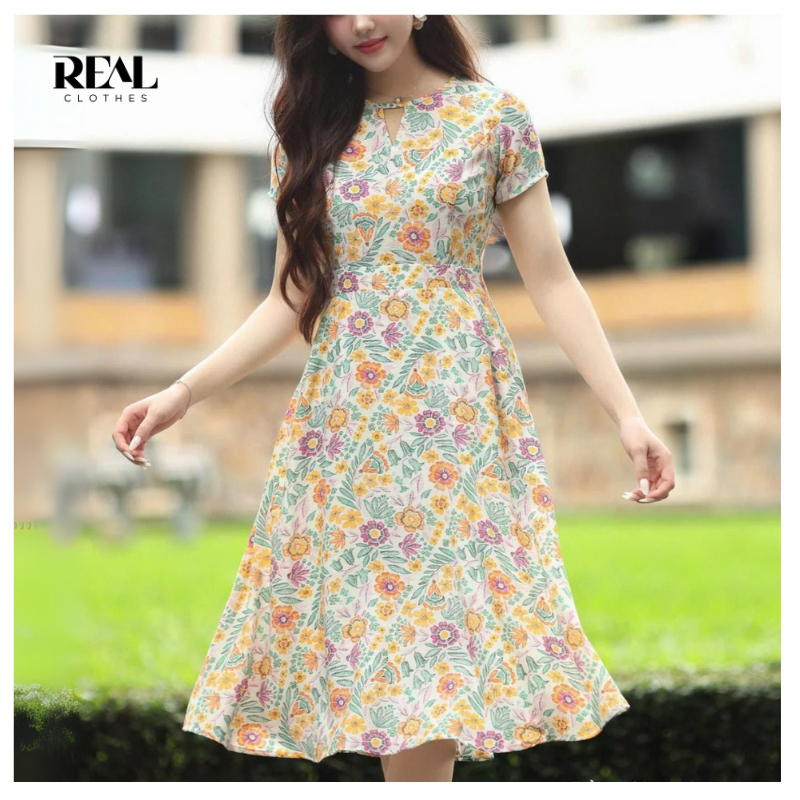 Đầm cổ tròn cách điệu REAL CLOTHES (tổng hợp màu), vải lụa mềm mịn
