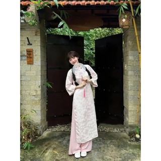 Áo Dài Cách Tân Dáng Xuông, Áo Dài Hồng Ngọc Chất Gấm Hoạ Tiết In Nổi Trẻ Trung - Áo Dài Thanh Hà