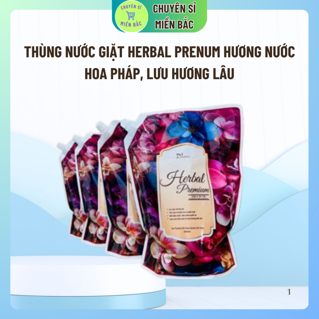 Thùng nước giặt HERBAL PRENUM hương nước hoa pháp (1 thùng 4 gói ) lưu hương thơm lâu vải phù hợp vs trẻ nhỏ