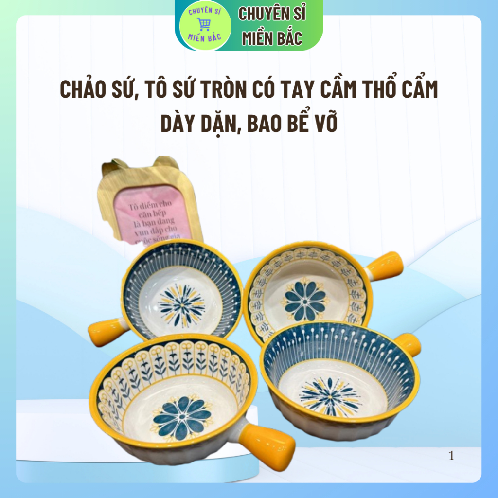Chảo sứ, tô sứ tròn có tay cầm thổ cẩm, trang trí món ăn kiểu Bắc Âu, chảo tròn tay béo thổ cẩm