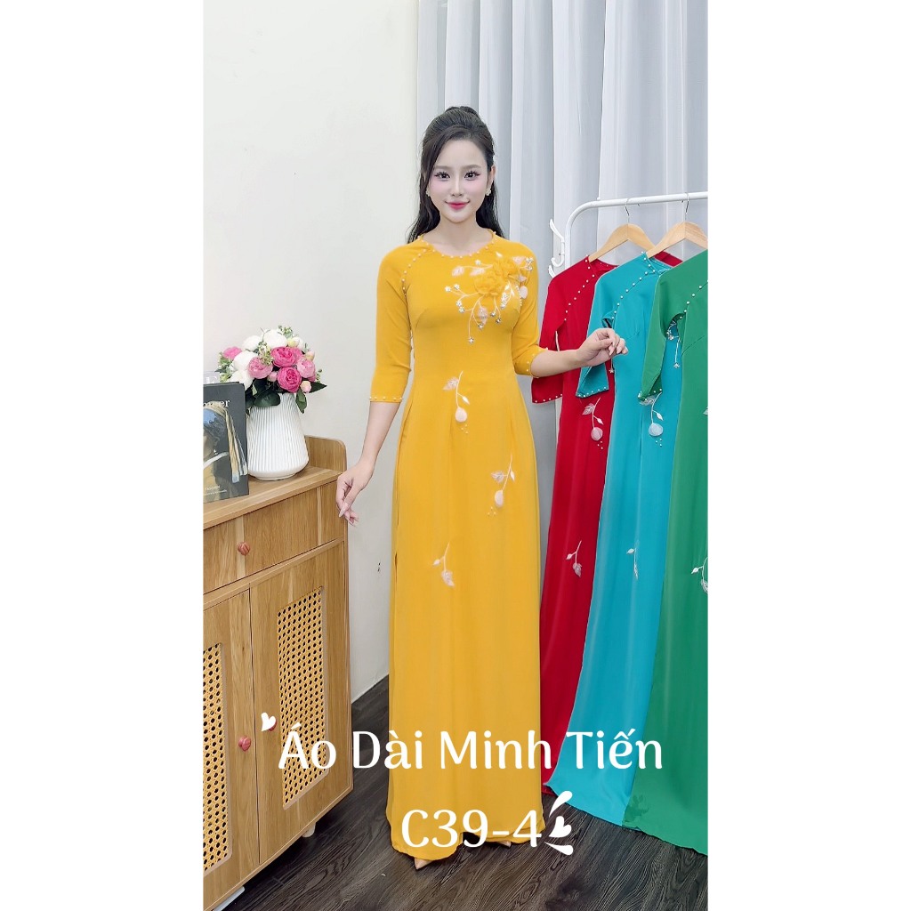 Áo Dài Lụa Mỹ Cao Cấp Họa Tiết Đính Kết Thủ Công Tỉ Mỉ - Mã C39-4 Màu Vàng