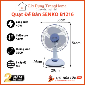 Quạt Điện Senko B1216 Để Bàn Nhỏ Công Suất 40W 3 Tốc Độ Gió Không Ồn Để Văn Phòng Giường Ngủ Cho Bé
