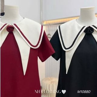 Váy bầu công sở thiết kế dáng xuông phối 2 lá cổ xinh gắn bông hoa