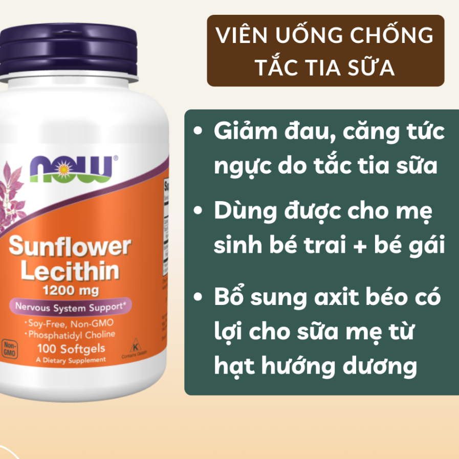 VIÊN UỐNG NOW SUNFLOWER LECITHIN 1200MG - CHỐNG TẮC TIA SỮA Ở MẸ BỈM
