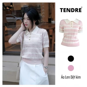 TENDRE x BST Hè 2025 Áo Len Dệt Kim Hè 2 Màu Phối Cúc Vàng Đồng Bông Hoa, Kết Hợp Kẻ Ngang M09