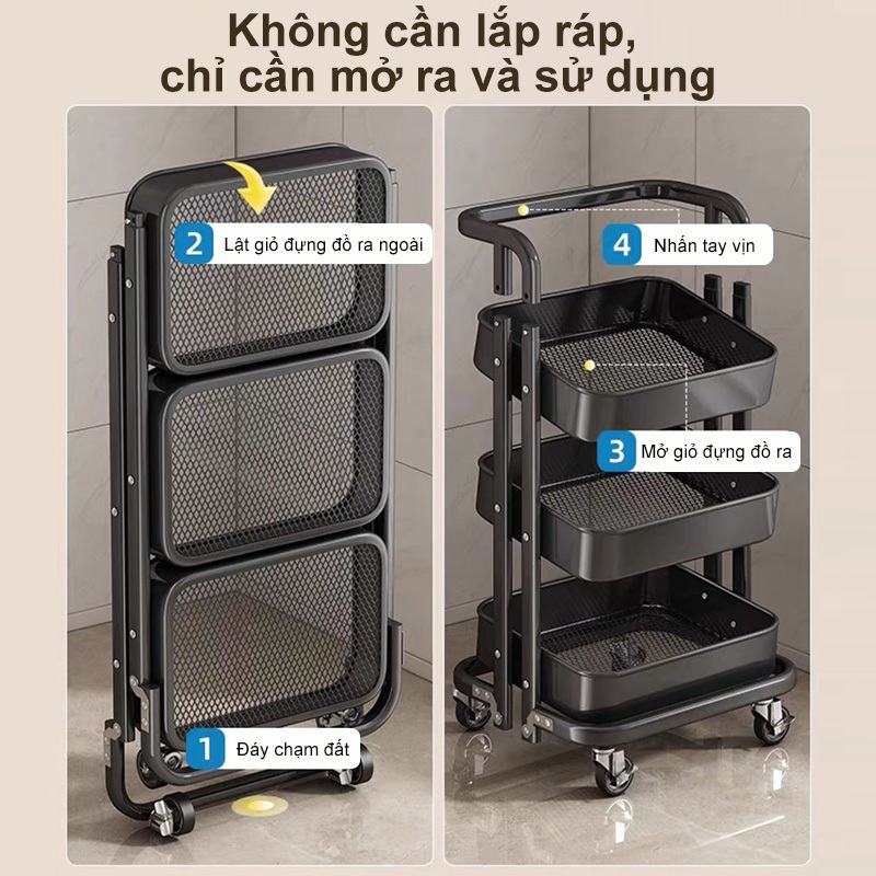 【100% thép】BMZAR Kệ để đồ đa năng Gấp Gọn Kệ Gấp Gọn 3Tầng Đa Năng Xe Đẩy Spa Được làm bằng khay thép cacbon chống gỉ