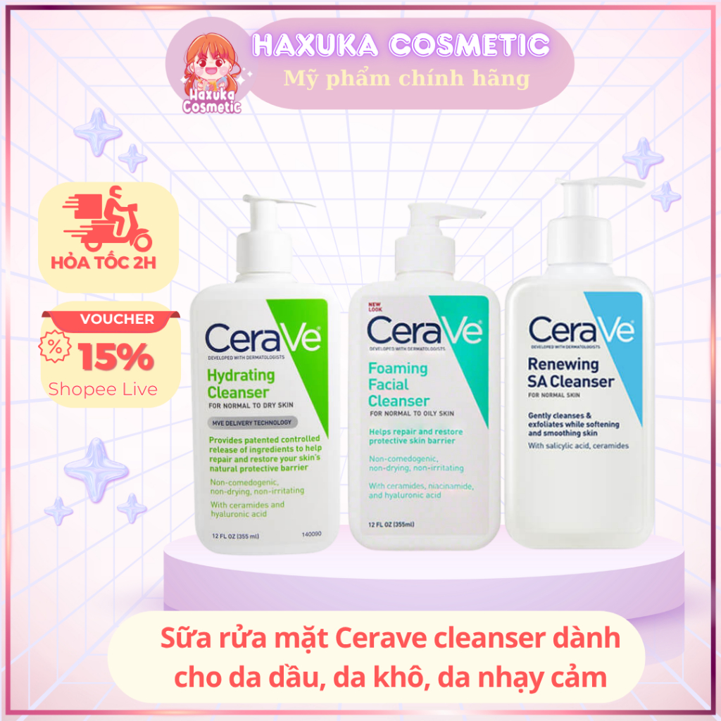Sữa Rửa Mặt CeraVe Foaming/Hydrating Facial Dành Cho Da Dầu, Da Khô ...