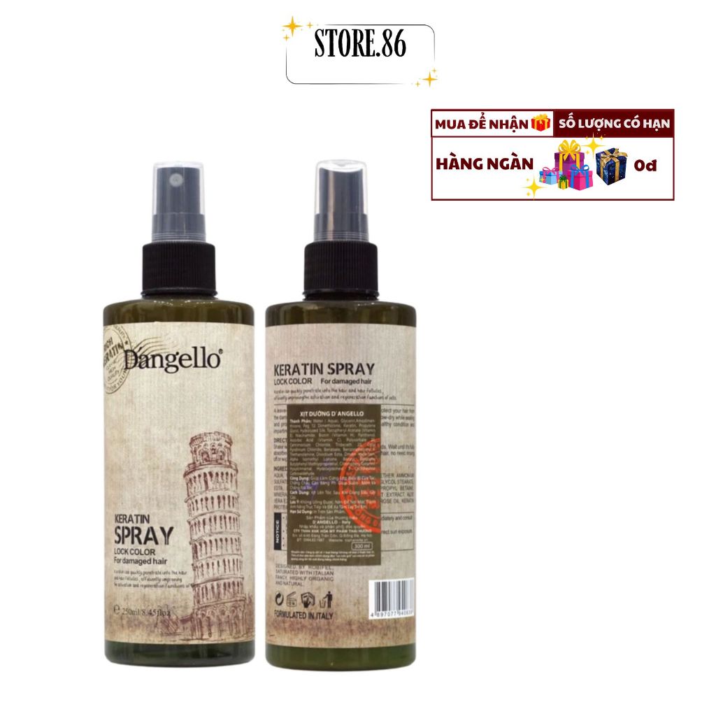 Xịt dưỡng tóc D'angello Keratin Spray chai 250ml gỡ rối hỗ trợ dưỡng ẩm giảm rụng tóc