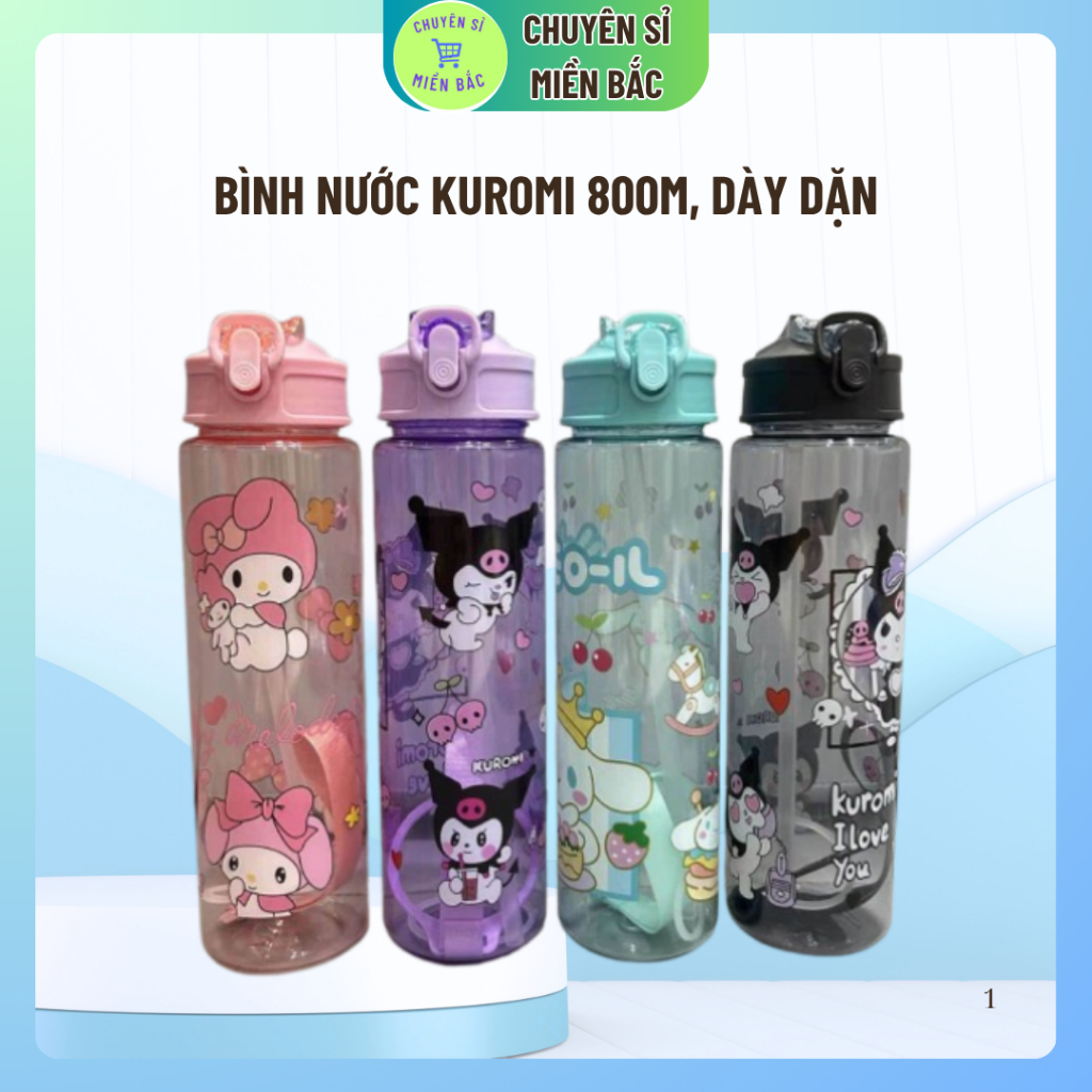 Bình Nước Kuromi  800ml - Ống Hút BPA-Free - Trong Suốt Kawaii - Phù Hợp Cho Bé, Đi Học, Du Lịch