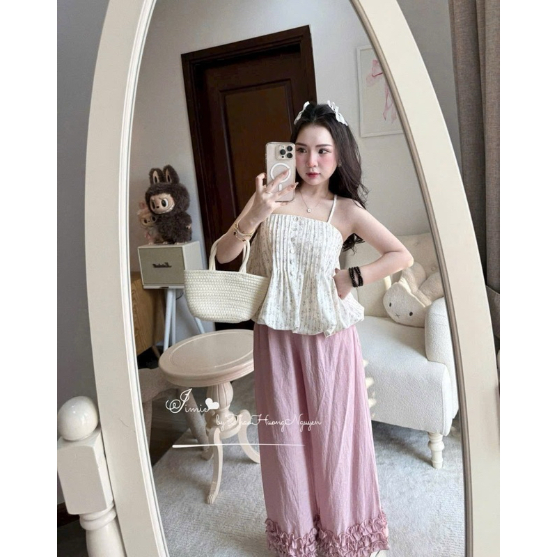 L832- Sét áo babydoll 2 dây hoa nổi dập li xoè quần suông xanh bèo lai (40-60kg)