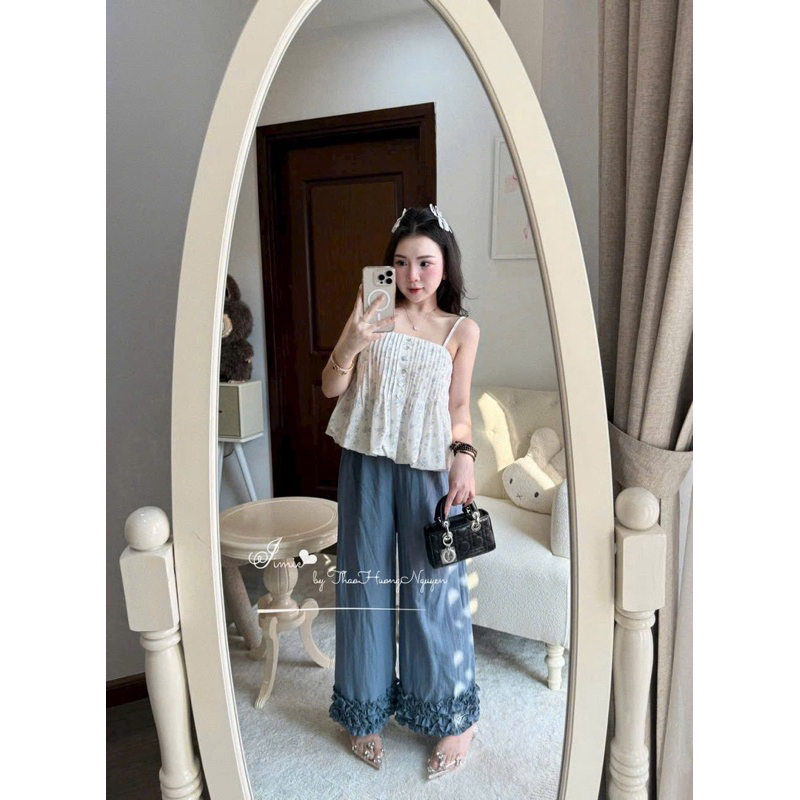 L832- Sét áo babydoll 2 dây hoa nổi dập li xoè quần suông xanh bèo lai (40-60kg)