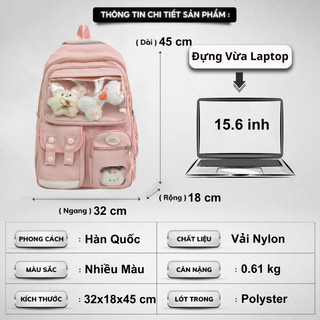Balo nữ đi học, Cặp đi học nam nữ thời trang ulzzang Ba lô học sinh đi học nhiều ngăn chống nước đựng laptop 15 inh B39
