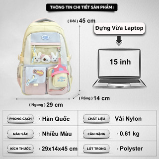Balo nữ đi học thời trang cặp sách nữ đi học dễ thương kèm 3 gấu Ba lô nhiều ngăn chống nước đựng laptop 15 inh KUBO B40