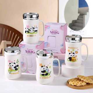 Cốc sứ giữ nhiệt có quai cầm soi gương,cốc uống nước nắp đậy tráng gương 400ml