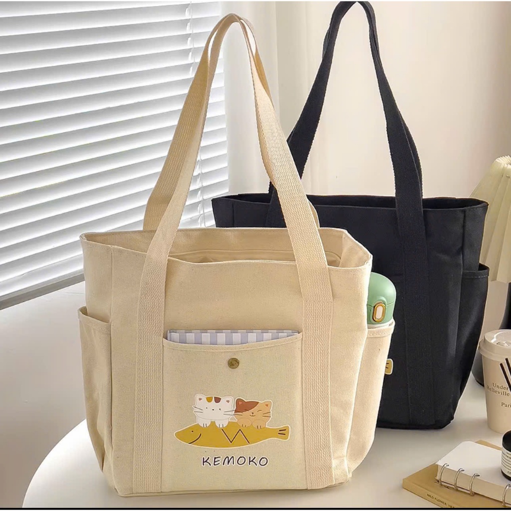 Túi tote túi vải canvas có ngăn phụ túi đeo vai đi học đi chơi thời ...