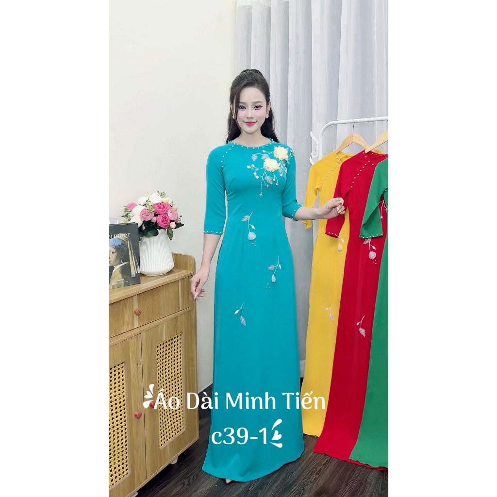 Áo Dài Lụa Mỹ Cao Cấp Họa Tiết Đính Kết Thủ Công Tỉ Mỉ - Mã C39-1 Màu Xanh