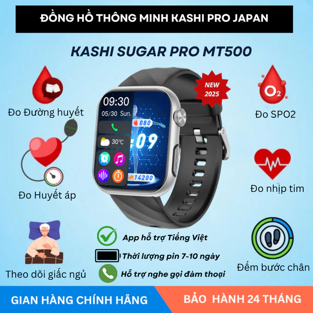Đồng hồ thông minh đo đường huyết Kashi Japan Chính Hãng - Đo huyết áp, đo nhịp tim, đo oxy trong máu, giấc ngủ