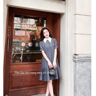 Váy bầu, đầm bầu công sở phối cổ trắng, tay bồng