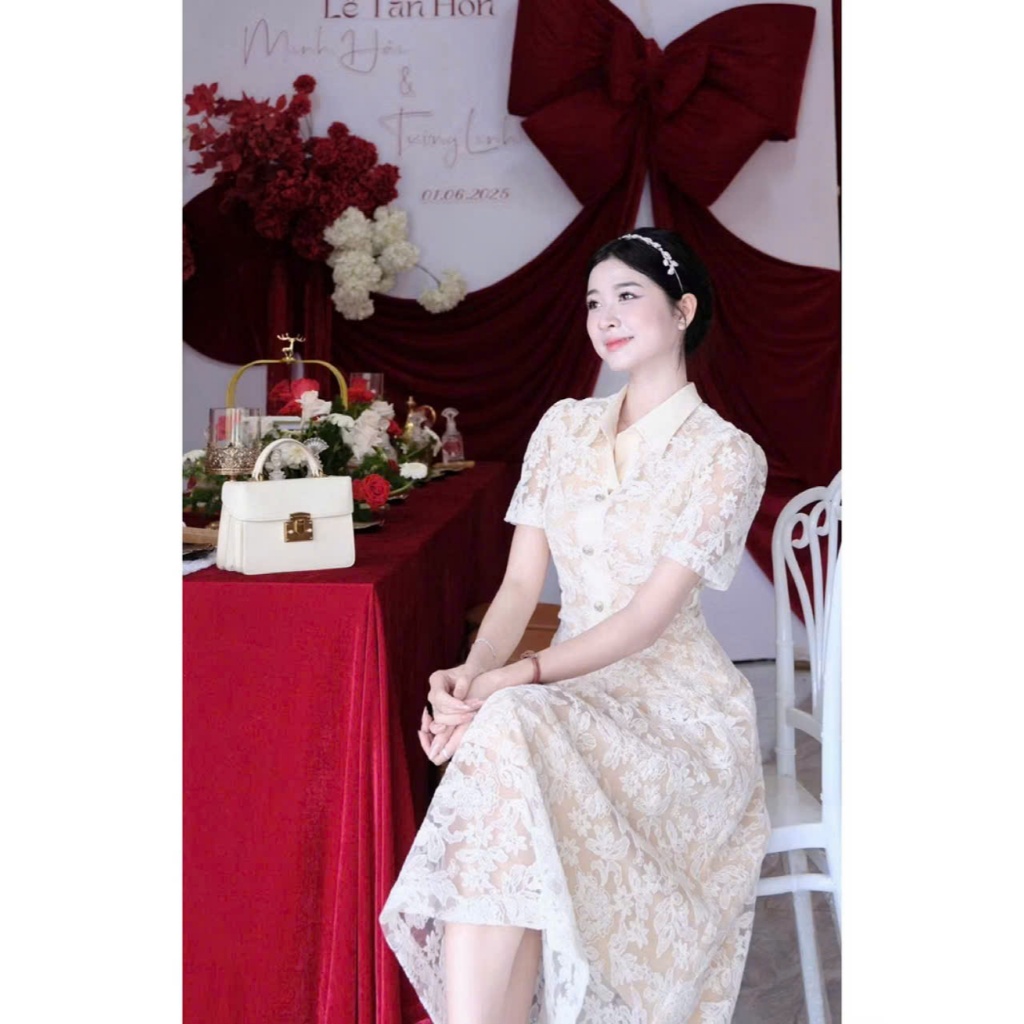 đầm ren tiểu thư cổ sơ mi tay ngắn dáng xòe 2 lớp, váy midi thời trang nữ đi chơi, đi tiệc đi làm đều xinh