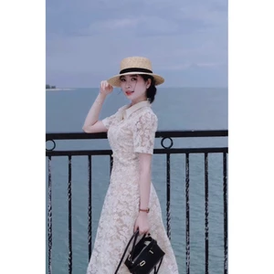 đầm ren tiểu thư cổ sơ mi tay ngắn dáng xòe 2 lớp, váy midi thời trang nữ đi chơi, đi tiệc đi làm đều xinh