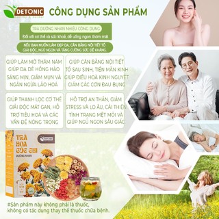Trà dưỡng nhãn 7 vị DETONIC giúp thanh nhiệt giải độc mát gan, tăng sắc tố giúp làm da hồng hào, giúp ngủ ngon, giảm mụn