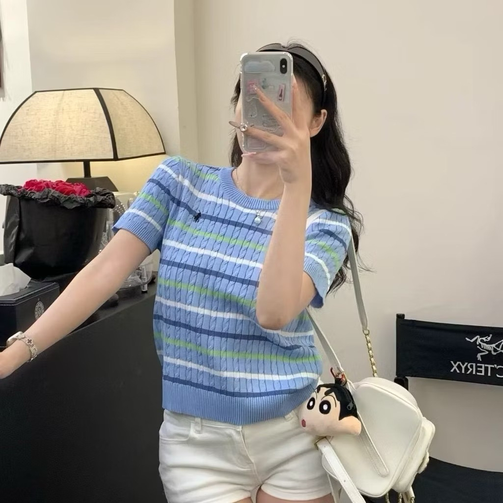 (Phuonganh18) Áo len cộc tay kẻ NGANG thêu ngựa 80785