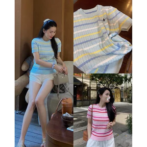 Áo len cộc tay kẻ NGANG thêu ngựa 80785