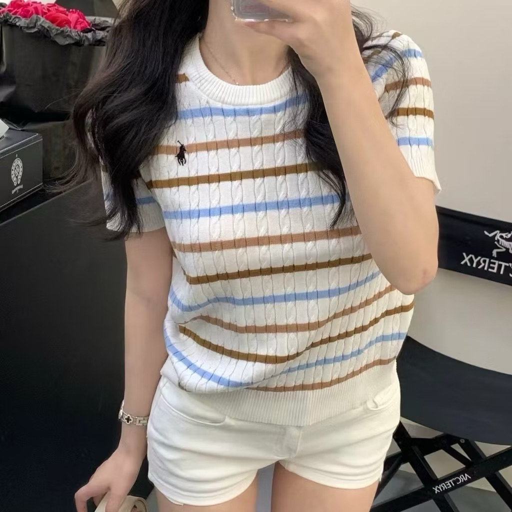 (Phuonganh18) Áo len cộc tay kẻ NGANG thêu ngựa 80785