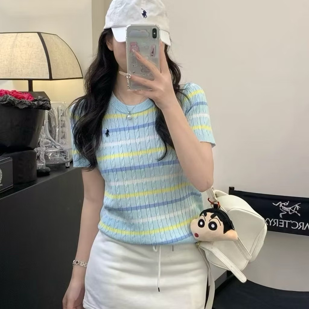 (Phuonganh18) Áo len cộc tay kẻ NGANG thêu ngựa 80785