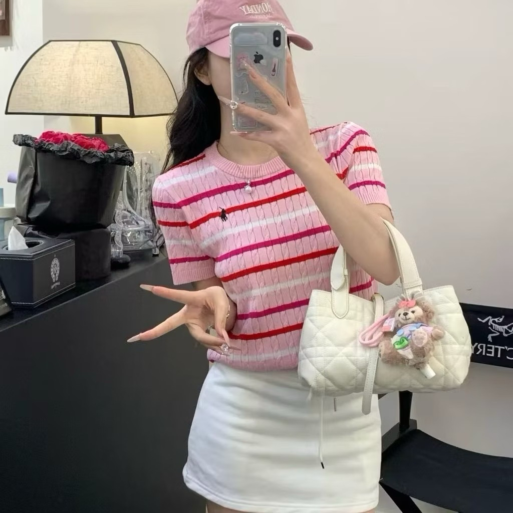 (Phuonganh18) Áo len cộc tay kẻ NGANG thêu ngựa 80785