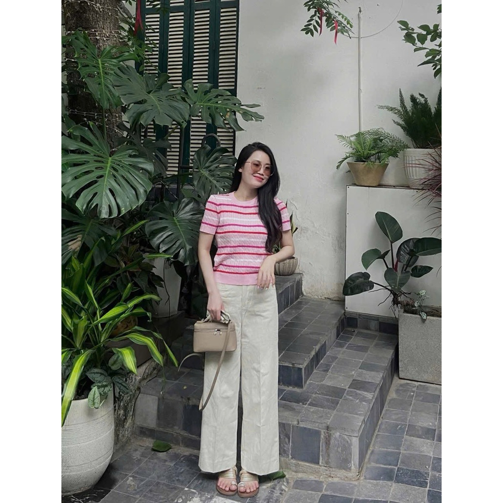 (Phuonganh18) Áo len cộc tay kẻ NGANG thêu ngựa 80785