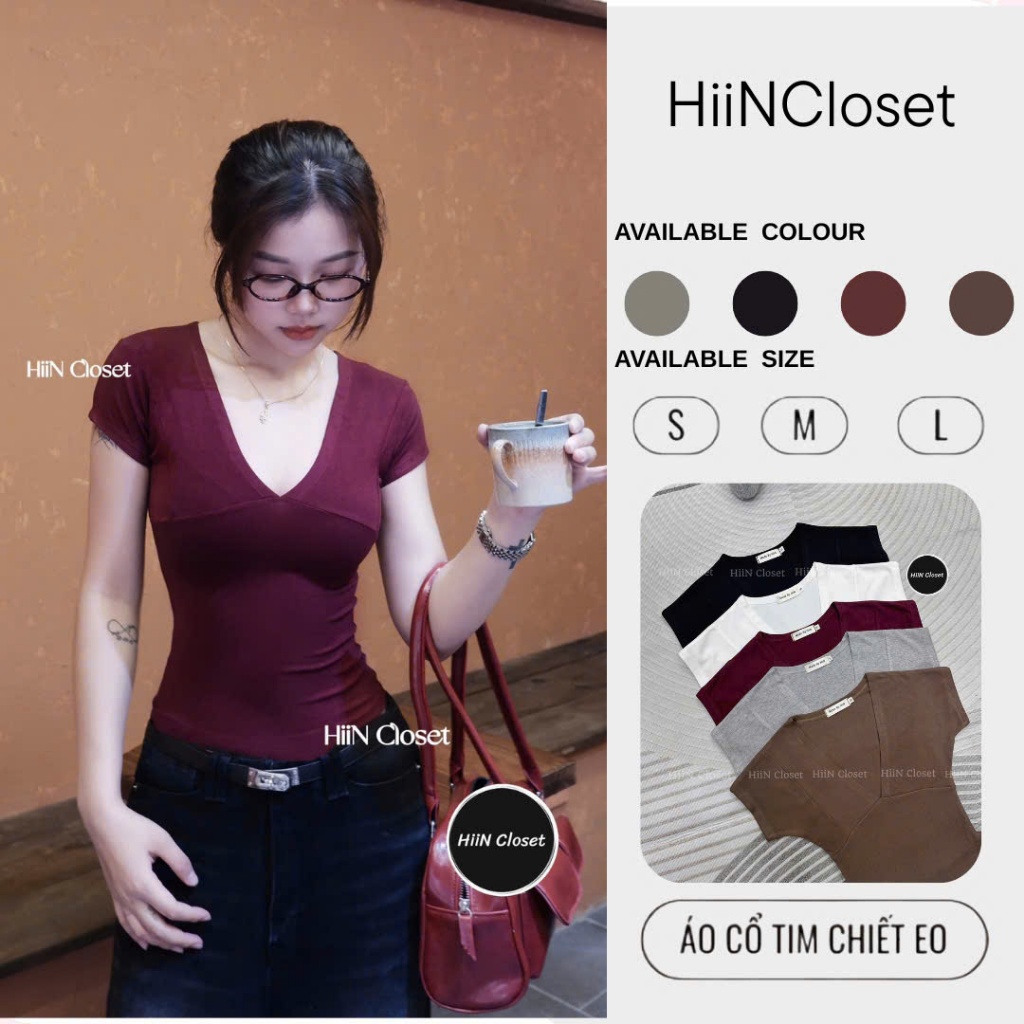 Áo thun nữ cổ tim tay hến ôm body - Áo thun nữ cổ V chất zip co giãn mềm mịn HiiNCloset - 139 | BigBuy360 - bigbuy360.vn