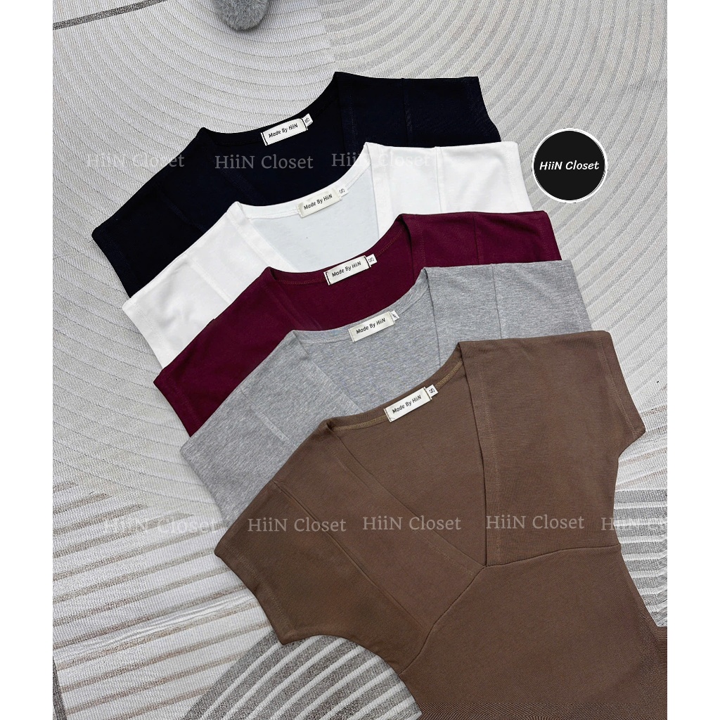 Áo thun nữ cổ tim tay hến ôm body - Áo thun nữ cổ V chất zip co giãn mềm mịn HiiNCloset - 139 | BigBuy360 - bigbuy360.vn