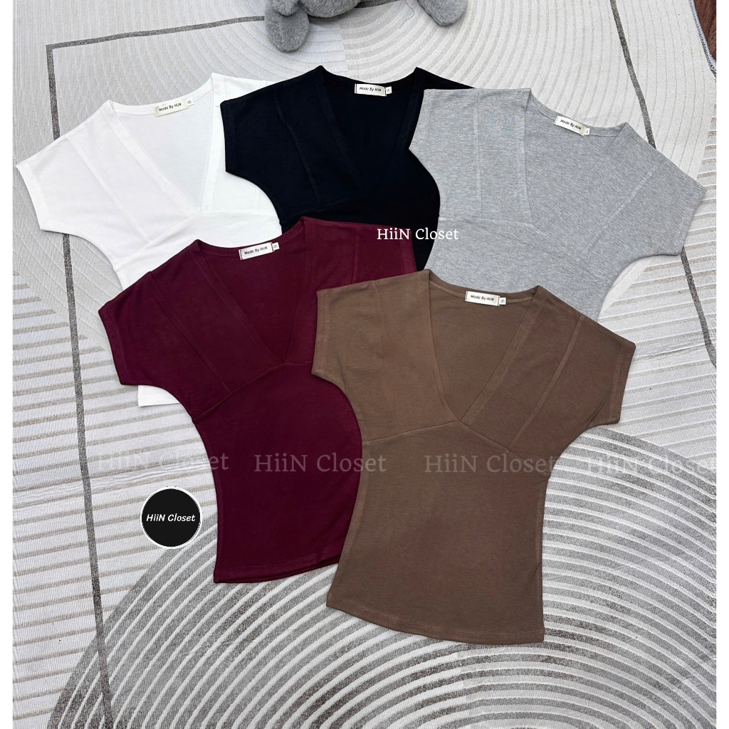 Áo thun nữ cổ tim tay hến ôm body - Áo thun nữ cổ V chất zip co giãn mềm mịn HiiNCloset - 139 | BigBuy360 - bigbuy360.vn