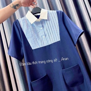 Váy bầu công sở thiết kế dáng xuông phối vải kẻ xếp ly ngực