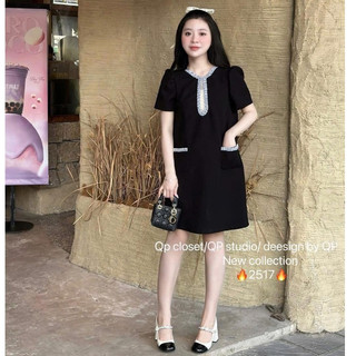 Váy bầu công sở thiết kế phối kim tuyến ở cổ và túi