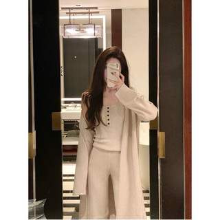 Set 3 món len dệt kim áo ba lỗ phối quần ống suông tôn dáng kết hợp áo cardigan dáng dài
