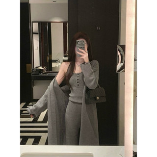 Set 3 món len dệt kim áo ba lỗ phối quần ống suông tôn dáng kết hợp áo cardigan dáng dài