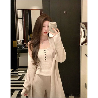 Set 3 món len dệt kim áo ba lỗ phối quần ống suông tôn dáng kết hợp áo cardigan dáng dài