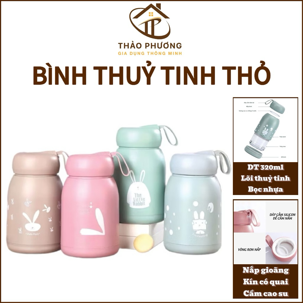 Bình Nước Lõi Thủy Tinh Bọc Nhựa 320ml, Bình Nước Trẻ Em - Chai Vỏ Nhựa Lõi Thủy Tinh